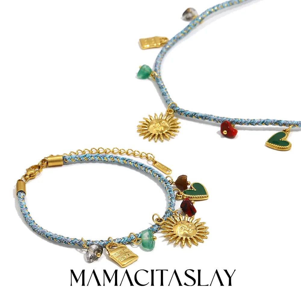 MamacitaSlay 316L Edelstahl Sonnenherz Geflochtenes Seil Halskette Armband 18K Vergoldet Wasserdichtes Schmuckset Damengeschenk