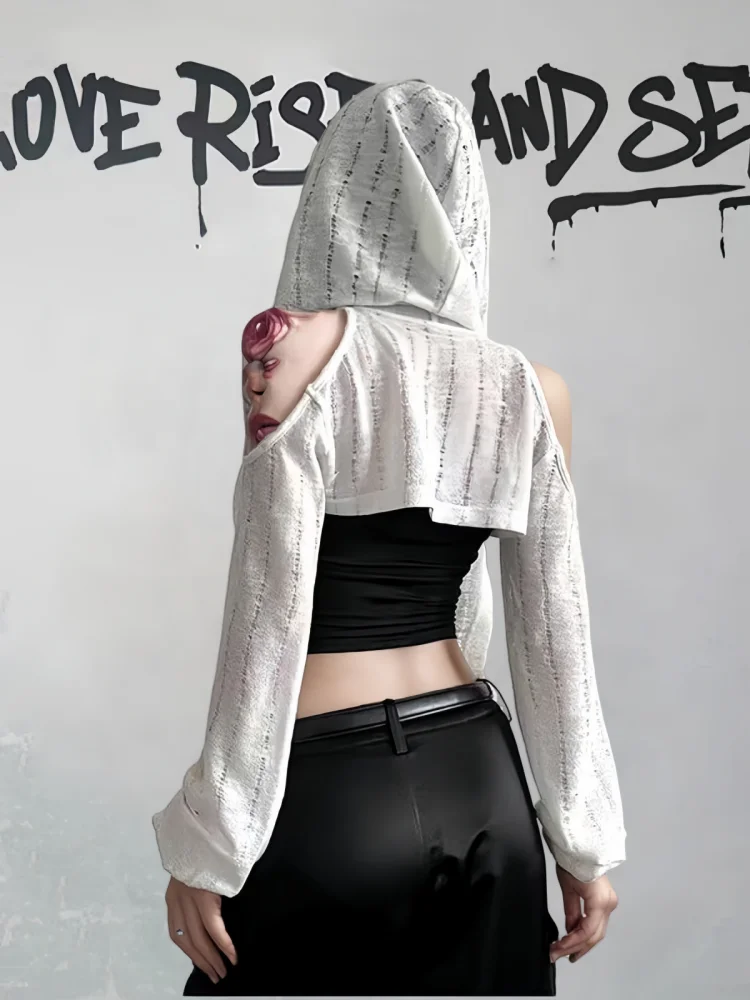 T-shirt à manches longues et épaules dénudées pour femmes, Streetwear d'été, hauts courts, Punk Grunge, ajouré, à capuche, vêtements d'extérieur