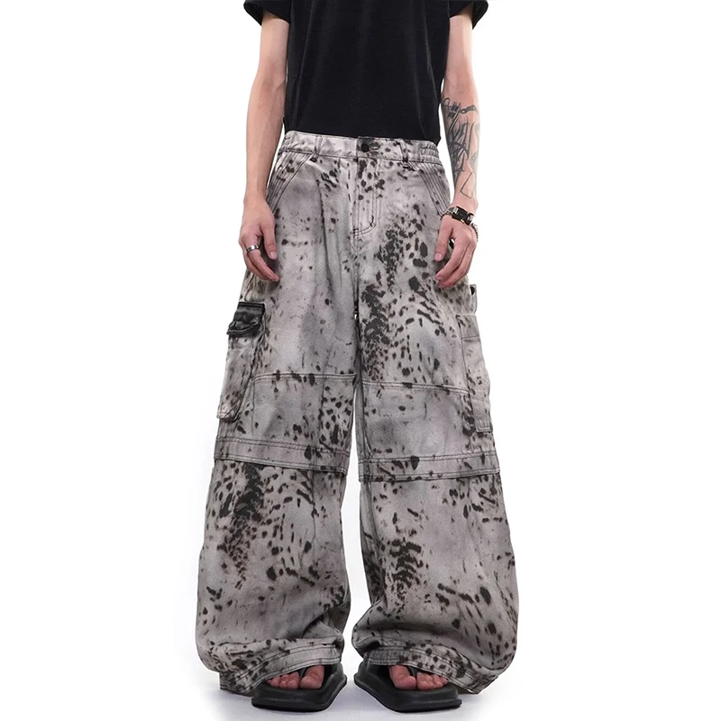 Men's Leopard Spot Printed Cargo Pants Vintage Washed Wide Leg Baggy Streetwear Casual Trousers 2026 New Trend