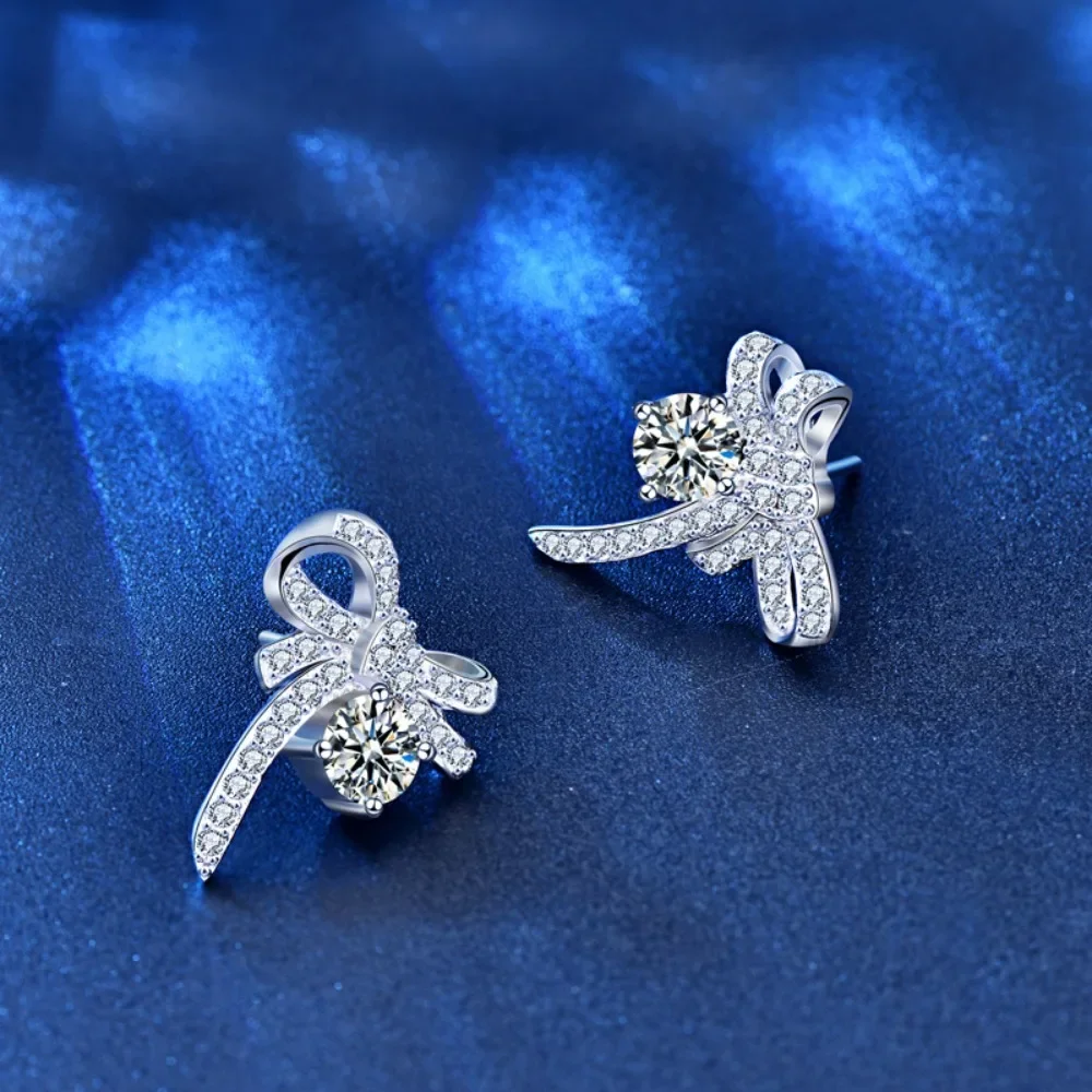 Sparkling 0.5CT Moissanite Stud Earring for Women 925 Sterling Silver Ribbon Bow Ear-drop Jewelry Fine Girl Birthday Gift