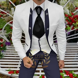 Fashion men's suit wedding groom tuxedo navy blue with white pattern jacket pants vest 3 piece set custom tuxedo