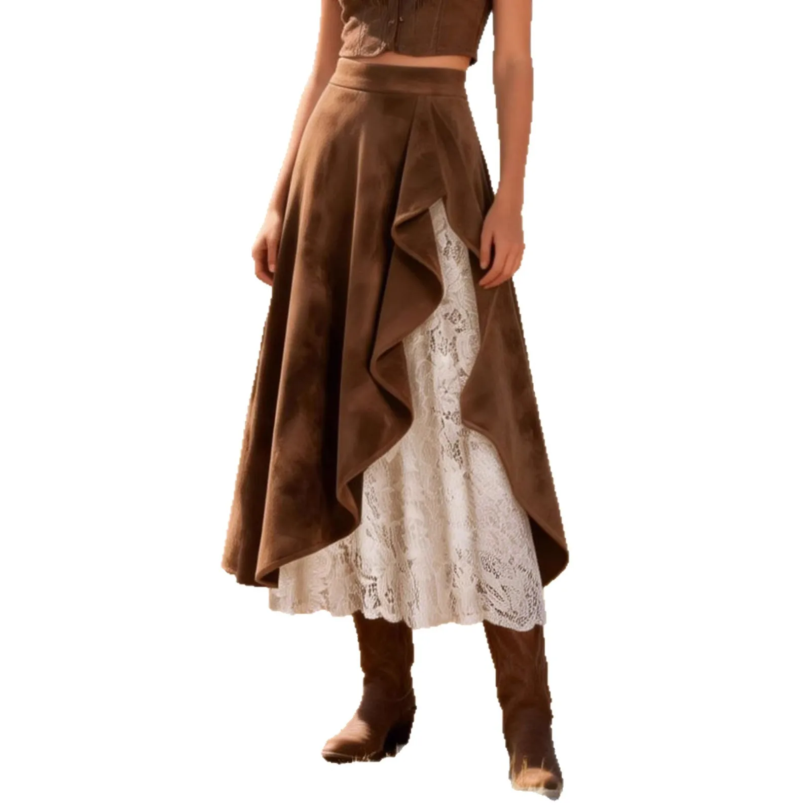 Retro Western Style Splicing Lace Suede  Skirt for Women Independent Station New Arrival A-Line H-Shape Batwing Type