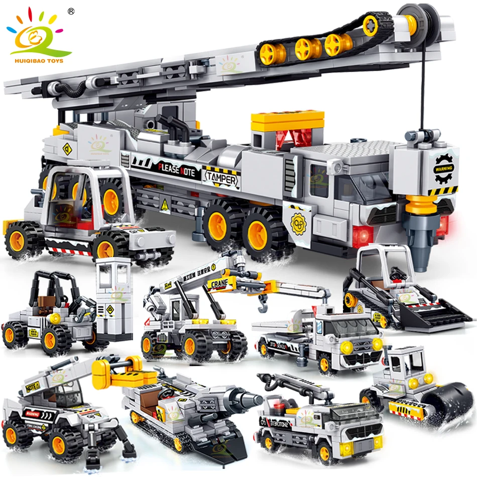 HUIQIBAO 8IN1 993PCS Snow Rescue Vehicle Building Blocks Crane Snowcrawler Wrecker Bricks City Construction Toy for Children Boy