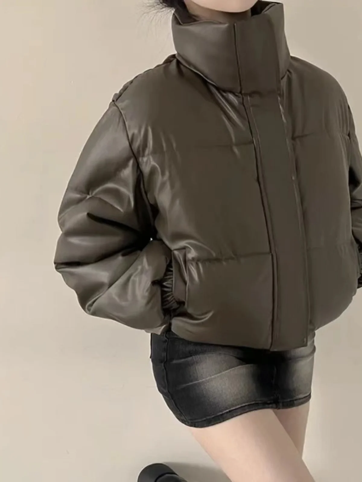 سترة نسائية على الطراز الكوري من القطن والجلد الصناعي، قصيرة وسميكة وفضفاضة ومتعددة الاستخدامات، معطف شتوي بأسلوب عملي وأكمام...