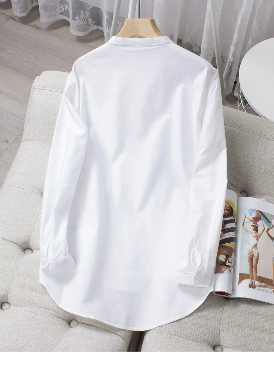 Ladies fashion cotton stand collar white shirt long sleeves concealed placket loose high quality new products