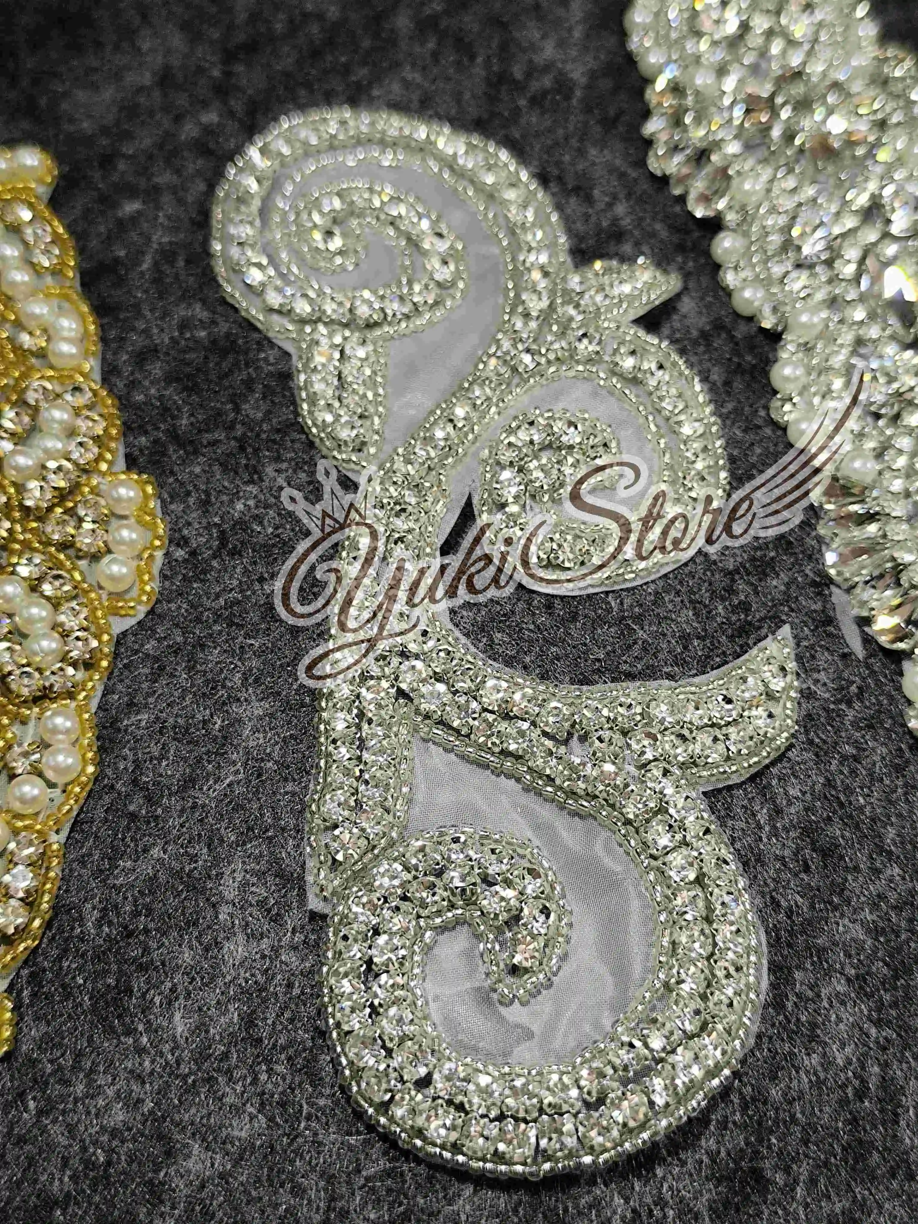 Silver Small appliques Heavy bead 3d flower lace applique floral pearls embroidery bridal lace patch YK012