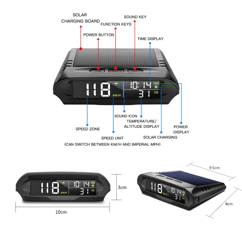 Solar Charging Wireless Gps Solar Hud Display Mph KM/H Speedometer Time/Speed/Temperature/Altitude Head Up Display Car Clock