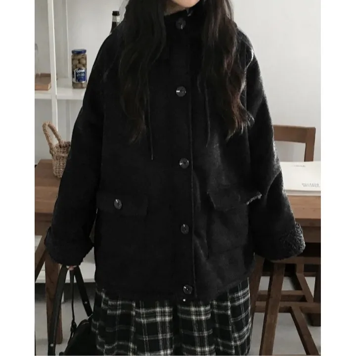 Retro Fur Cotton Jaet Hooded Dstring Women's Outerwear Korean Sle Spring Autumn Winter Casual Faion Streetwear