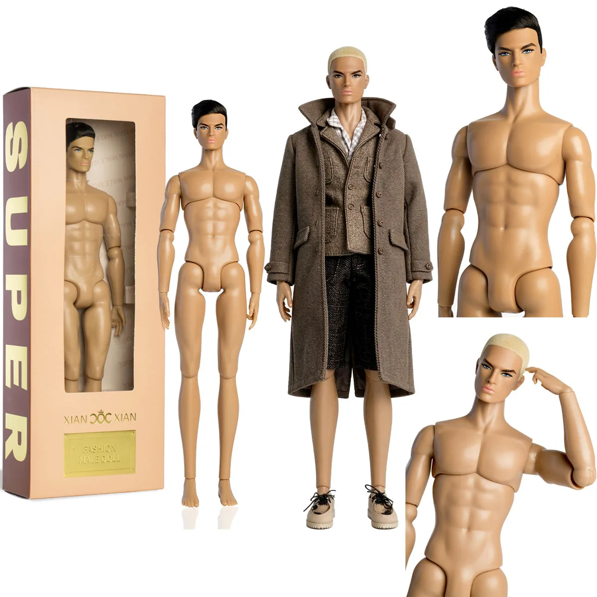 1/6 Fashion Muscle Man David Supermodel Doll Dark Tan Skin 12Joint Gold/Black Short Hair 33cm Charm Male Figure Collectible Doll