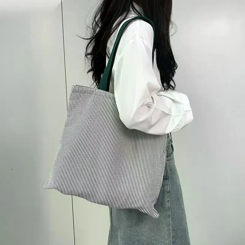 Stripe Contrast Color Women's Canvas Shoulder Bag Large Capacity College Book Tote Zipper Handbags Simple Commuter Shopping Bag