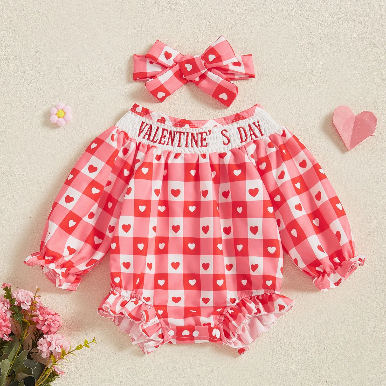 MISOWMNJOY Newborn Girl Clothes for Valentines Day Long Sleeve Heart Print Embroidery Letters Baby Romper with Hairband Clothes