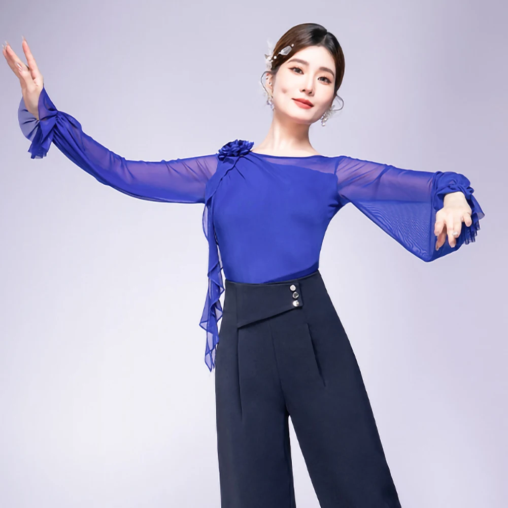 Top latino feminino azul escuro em torno do pescoço tridimensional flor roupas femininas novo vinho vermelho prática samba lanterna manga