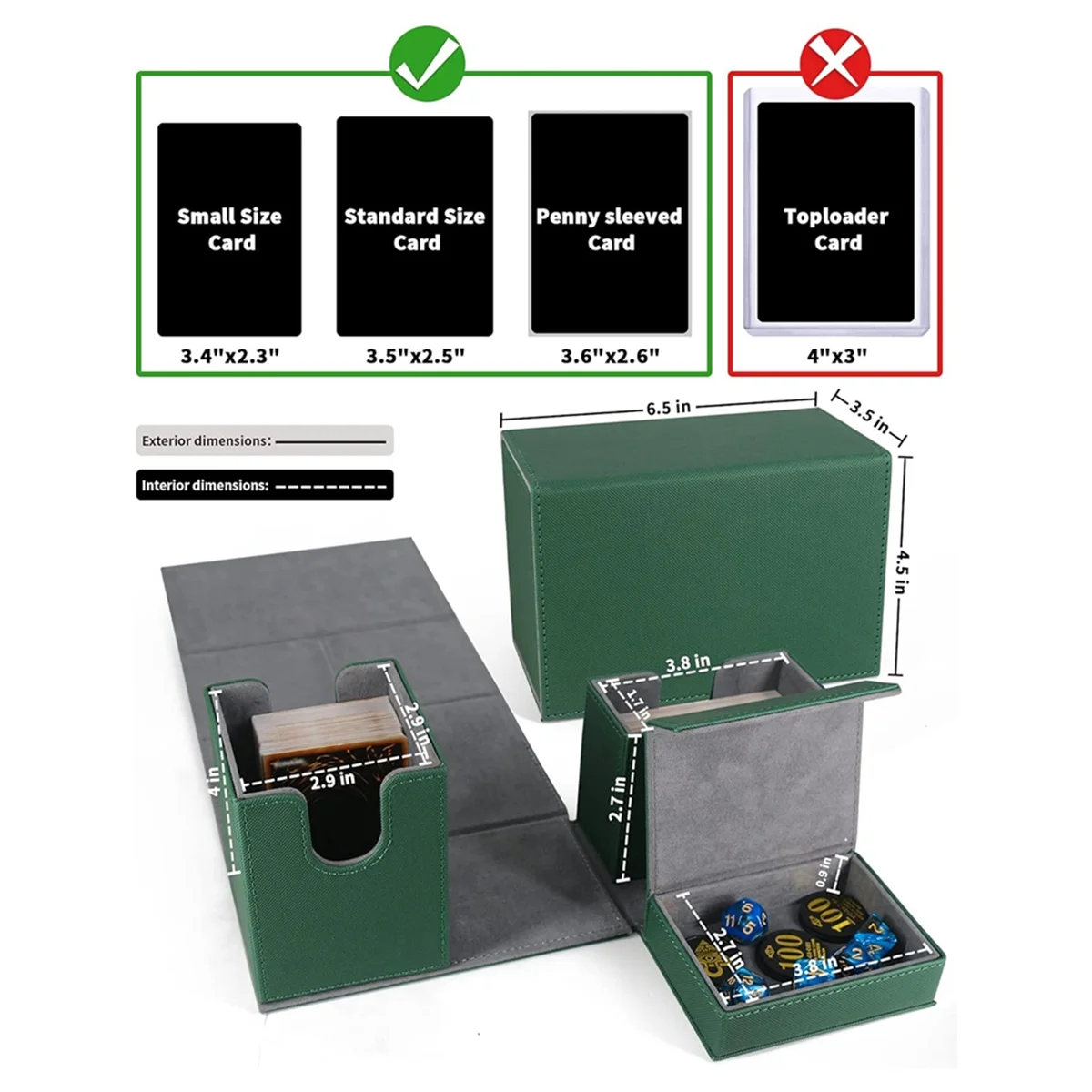 Caixa de baralho de cartas at42, caixa de cartão premium com bandeja de dados flip, caixa de armazenamento de baralho de cartas para esportes jogando cartas de jogo verde