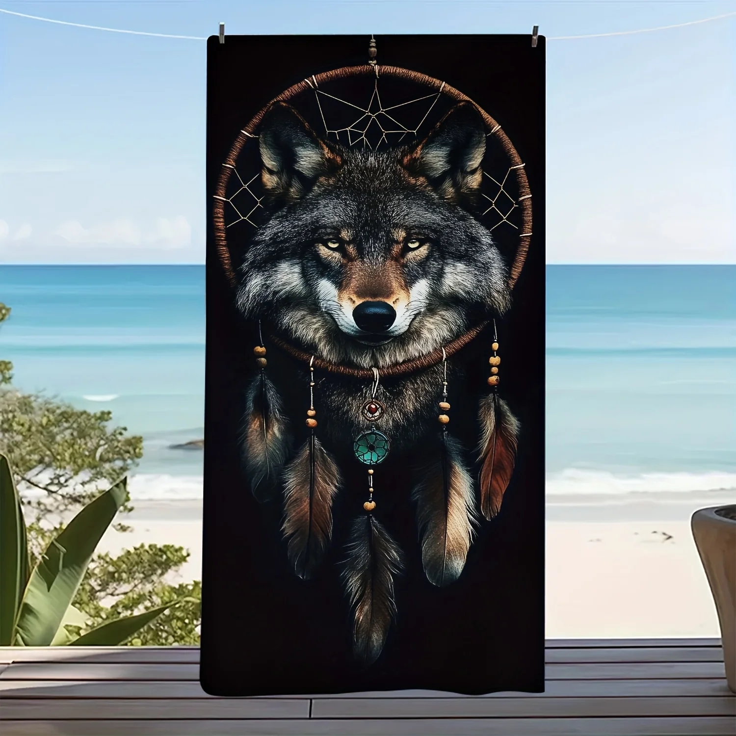 Wolf Dreamcatcher Beach Towel, Realistic Wolf Art, Quick Dry Microfiber, Oversized for Beach Pool, Gift for Him