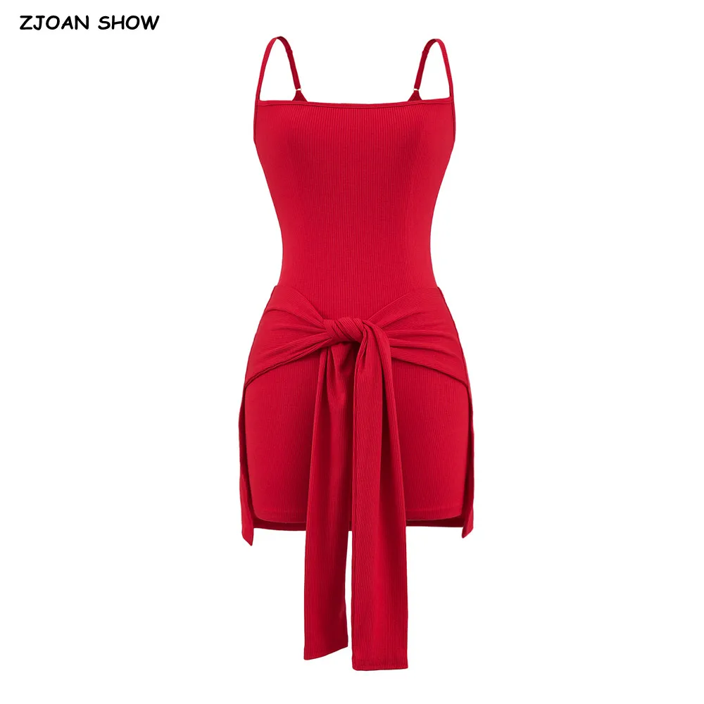 2 pieces 1 Set 2025 American Retro Rib Knitted Sling Bodysuits With Bow Sashes Hem Woman Tight Jumpsuit Slim Rompers Bodysuits