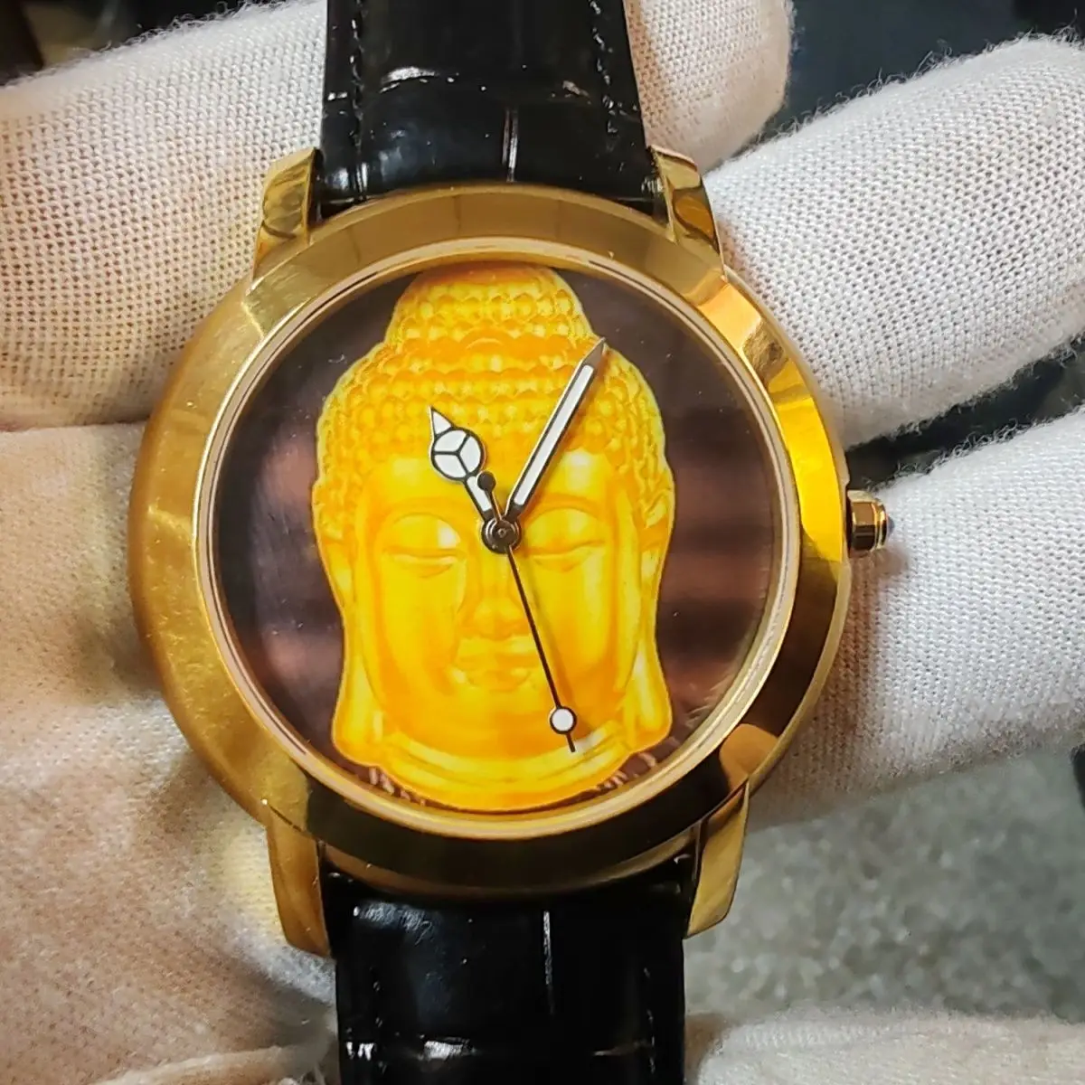 الرجعية بوذا تمثال كوارتز ساعة اليد العصرية موضة مضيئة اللوحة على غرار الفولاذ المقاوم للصدأ الياقوت ساعة يد رجالي #1