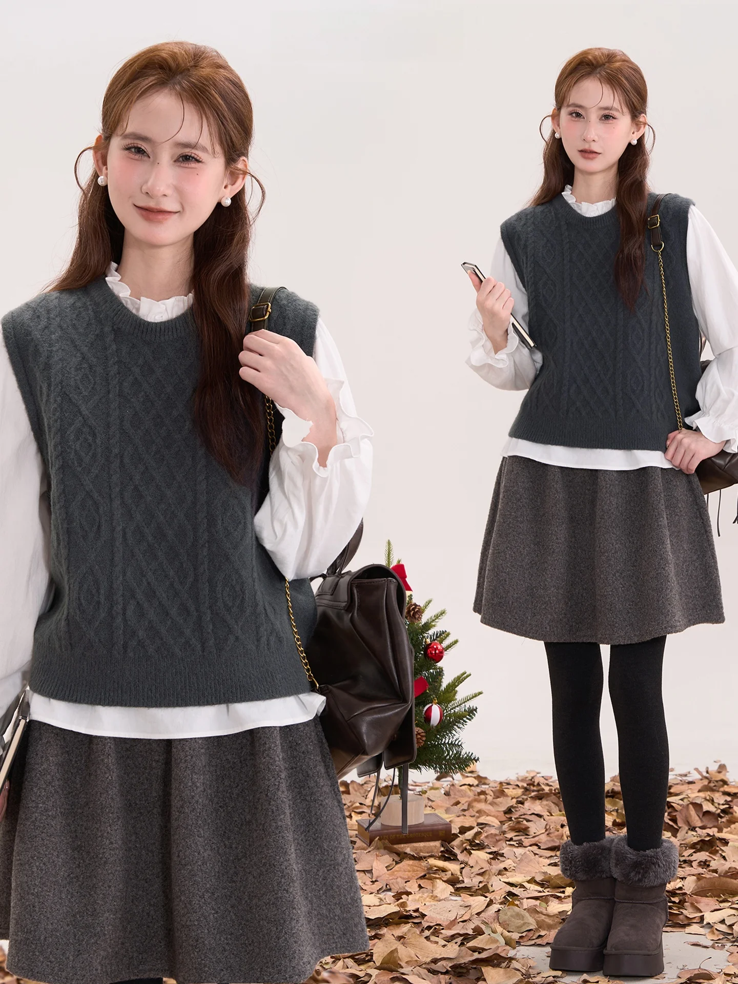 

Floral Field Window Heme College Misses Anti-Aging Twisted Knitted Vest Lace Base Shirt Two-Piece Set Women Casual Style Warmth