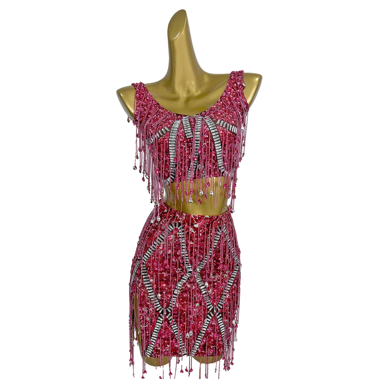 

Sexy Vest Style Top Hip Hugging Skirt 2PCS Set Purple Chain Bead Tassel Short Top Split Mini Skirt Nightclub Bar Party Dress
