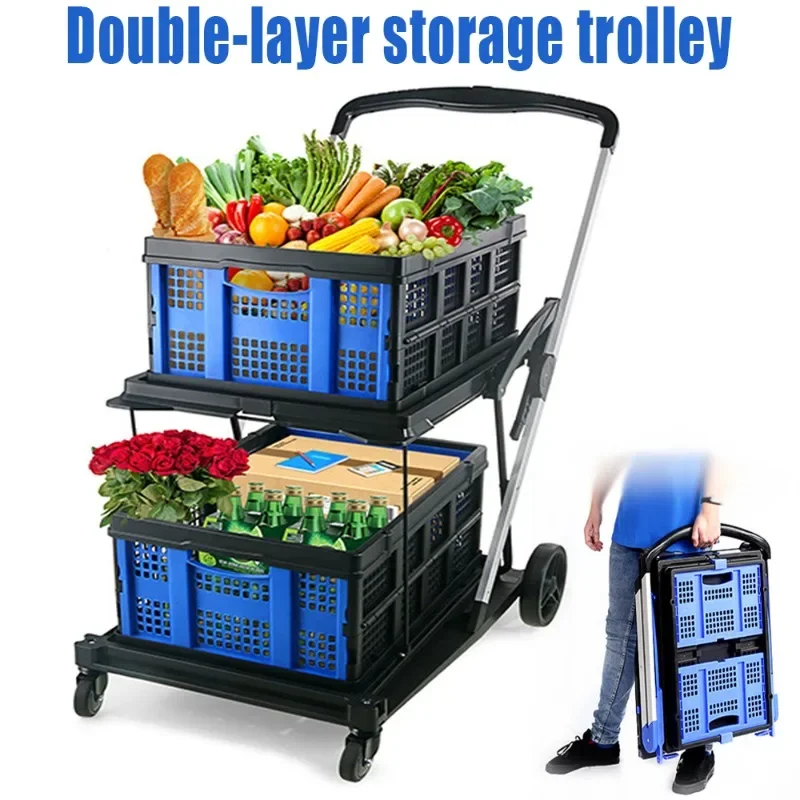 Foldable Trolley 2 Layer Practical Large Capacity Storage Mobile Shopping Trolley Warehouse with Silent Wheels Grocery Trolley