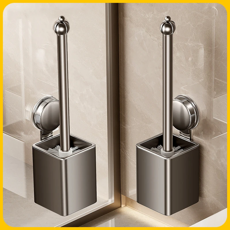 Wall-mounted Alloy Toilet Brush Set Punch-Free Hollow Drainage Base Long Handle Hard Bristle Bathroom Cleaning Brush Holder Kit