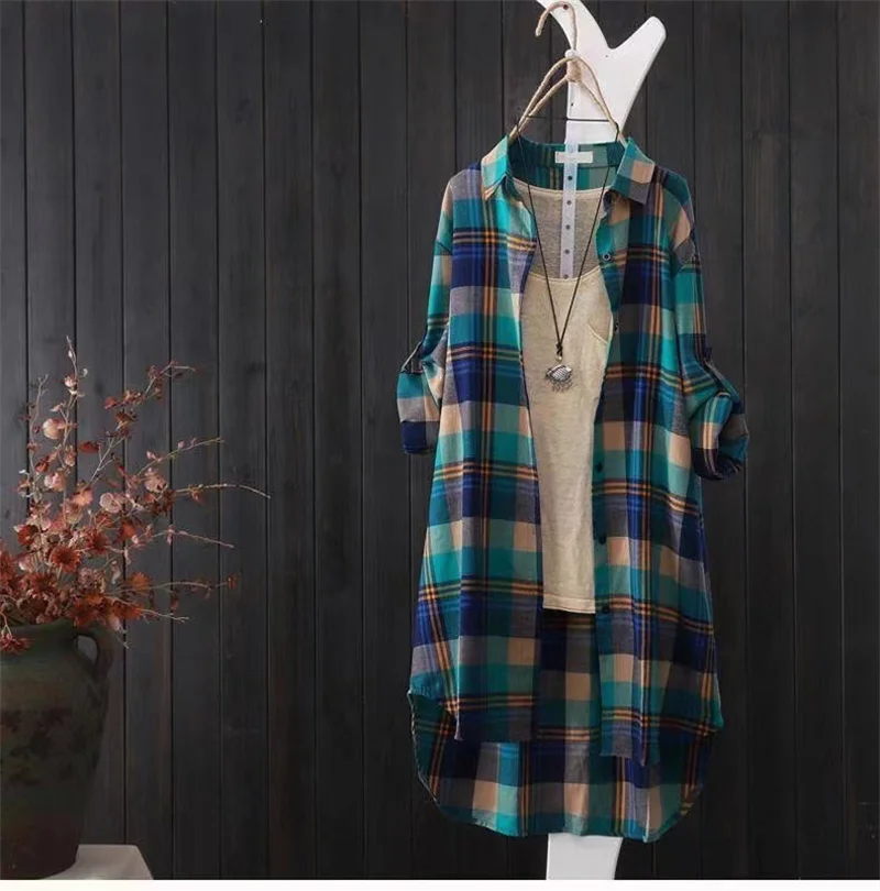 

Fashion Plaid Loose Blouse Women Spring Summer Casual Long Sleeve Lapel Shirt Single Breasted Tops Oversize Female Clothes