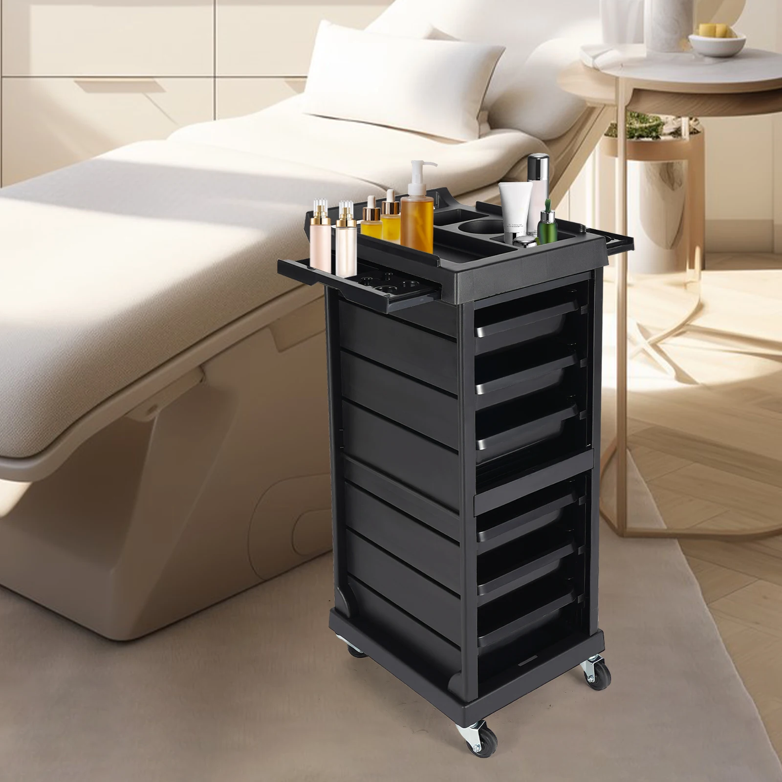

7-Tier Beauty Barber Rolling Trolley Cart Salon Trolley Barber Organizer Rolling Cart for Nail Salons, Spas, Barber Stores Black