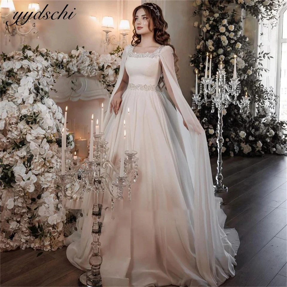 

Elegant Square Neck Chiffon Long Cape Sleeves A-line Wedding Dresses For Women 2024 Sweep Train Bride Gown vestidos de novia