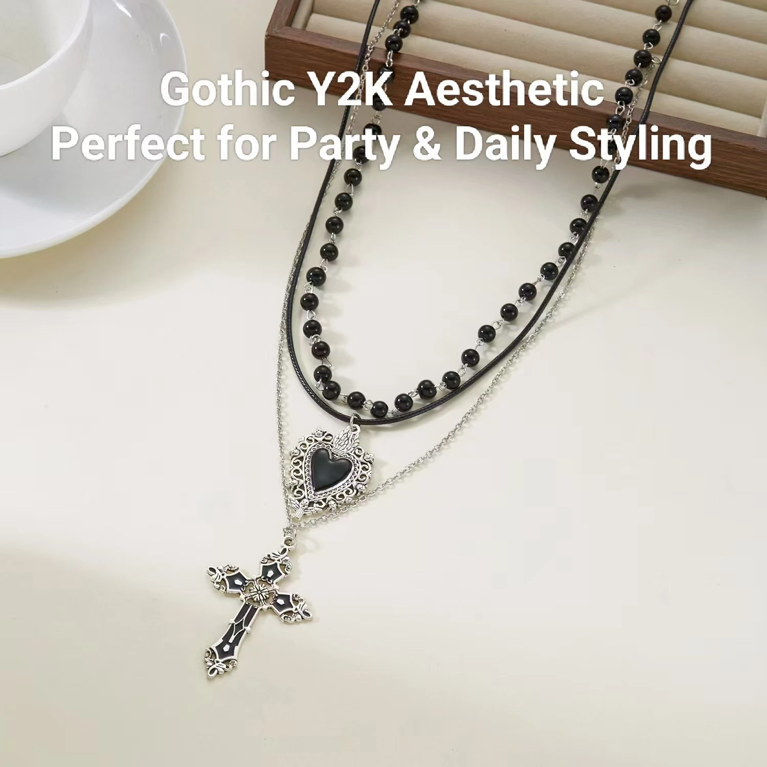 Gothic Cross Necklace Punk Y2K Layered Heart Pendant Choker Necklace Red Black Beaded Chain Unisex Jewelry