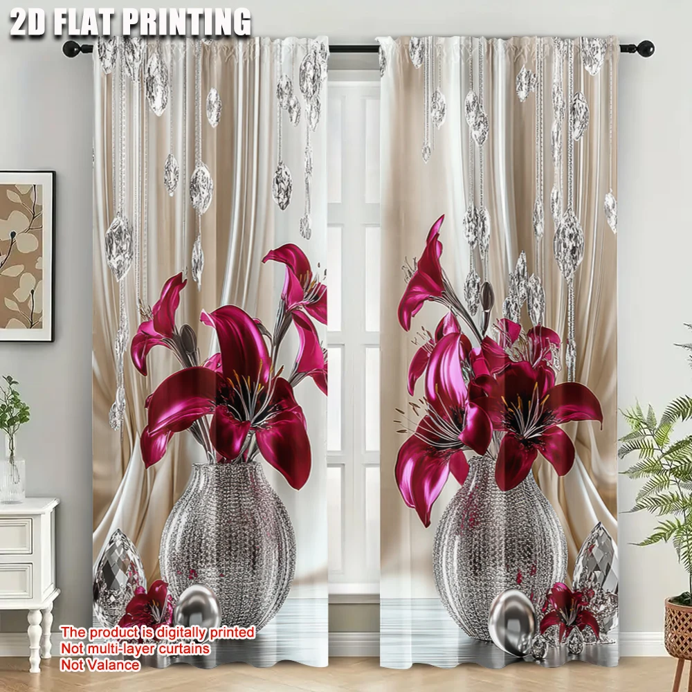 2Pcs Beautiful Flowers In Vase Curtains For Bedroom Modern Art Style Blocks Out Light And Noise For Relaxing Sleep Environment