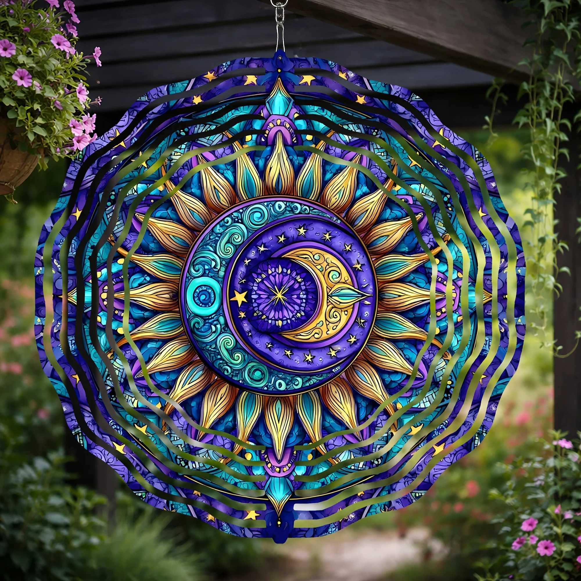 Bohemia Mandala Sun Moon Wind Chimes, Vibrant Blue Purple Gold Garden Decor, Spiritual Gift for Meditation Outdoor