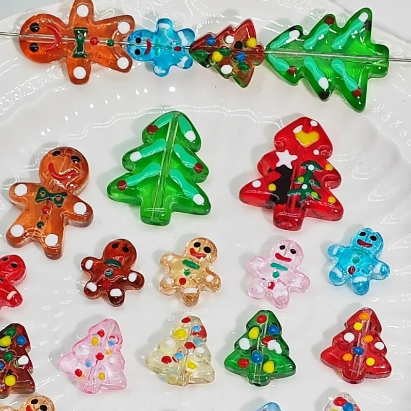 Christmas Colored Glass Christmas Tree Gingerbread Man Straight Hole Bead DIY Bead Bracelet Hanging Accessories for Festivals