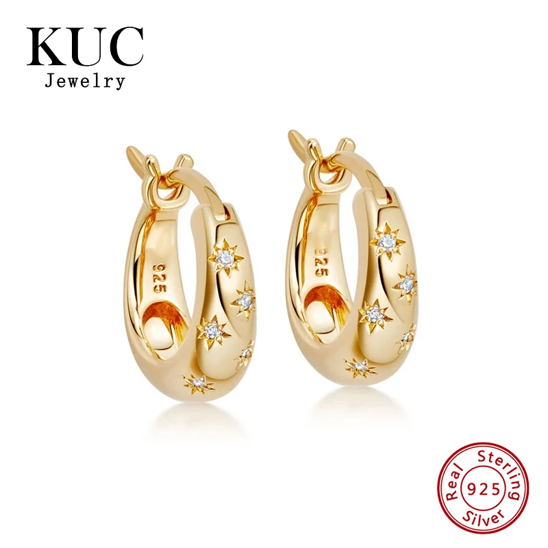 

925 Sterling Silver Fine Jewelry for Women Custom 18k Gold Plated Minimalist Casual Vintage Starburst Star Zircon Hoop Earrings