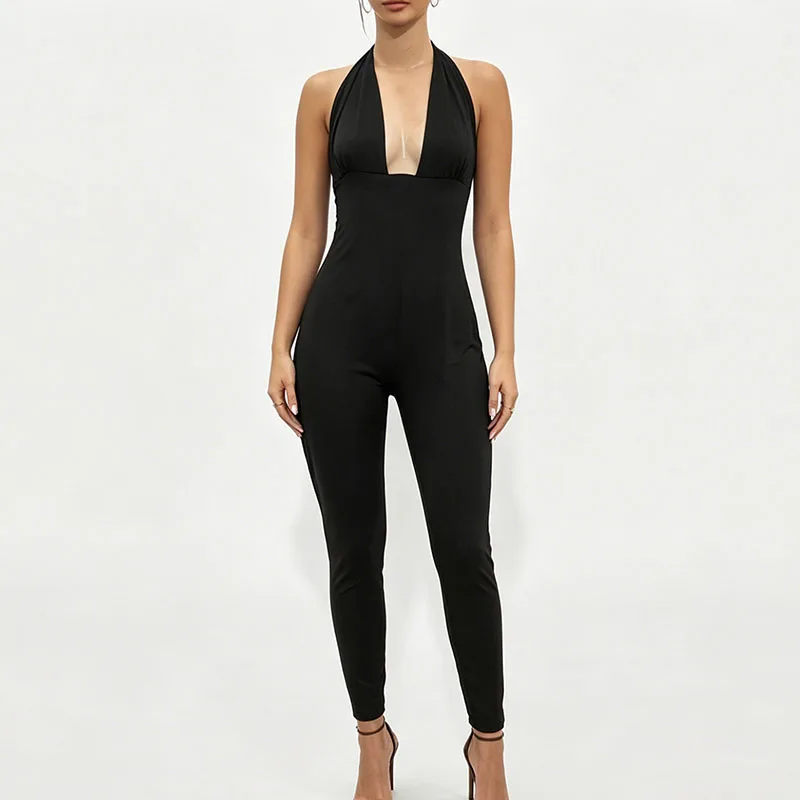 

Fashion Sexy European American Off Shoulder Deep V-neck Lace Up Tight Solid Color Temperament Long Jumpsuit Women's Clothing