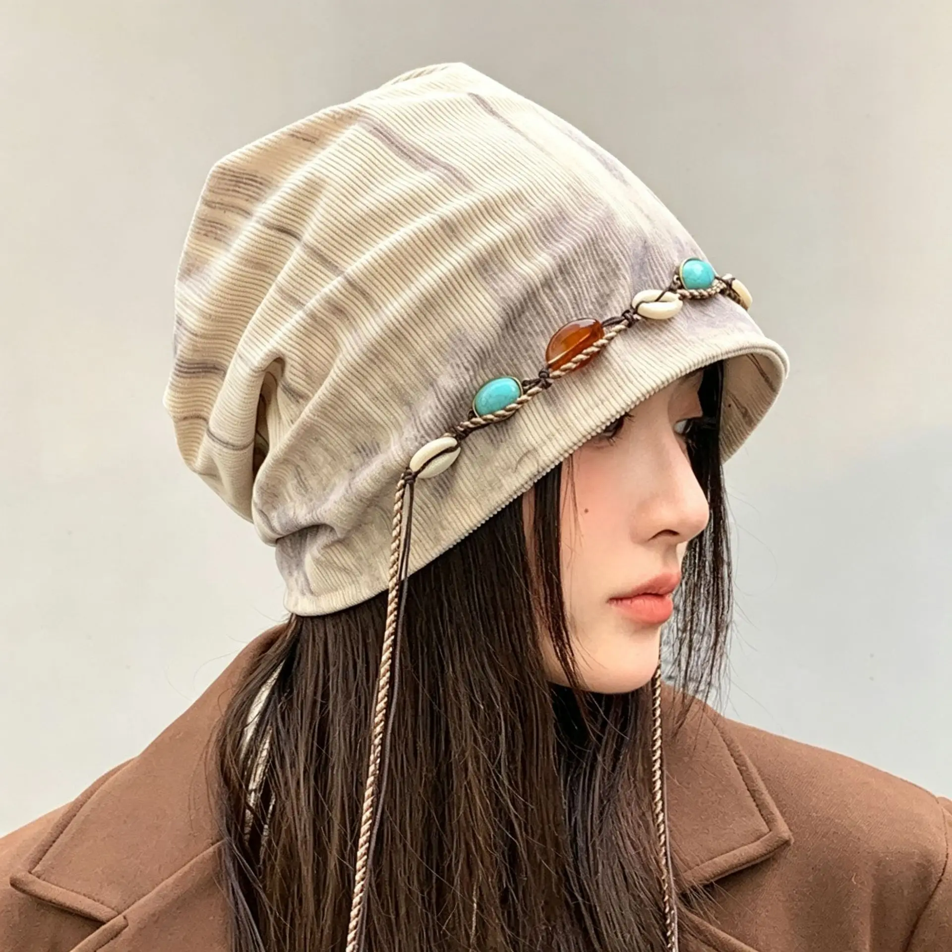 Women's Korean Slouchy Beanie for Winter, Large Size Face Slimming Warm Knit Hat, Retro Versatile Pull-on Cap