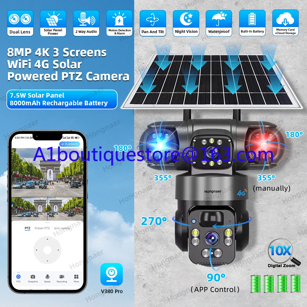 Hongna 8MP 3 Video Wireless Solar PTZ Camera V380 Pro 4k Dual Lens WiFi Outdoor 4g Sim Card CCTV Solar Security Camera