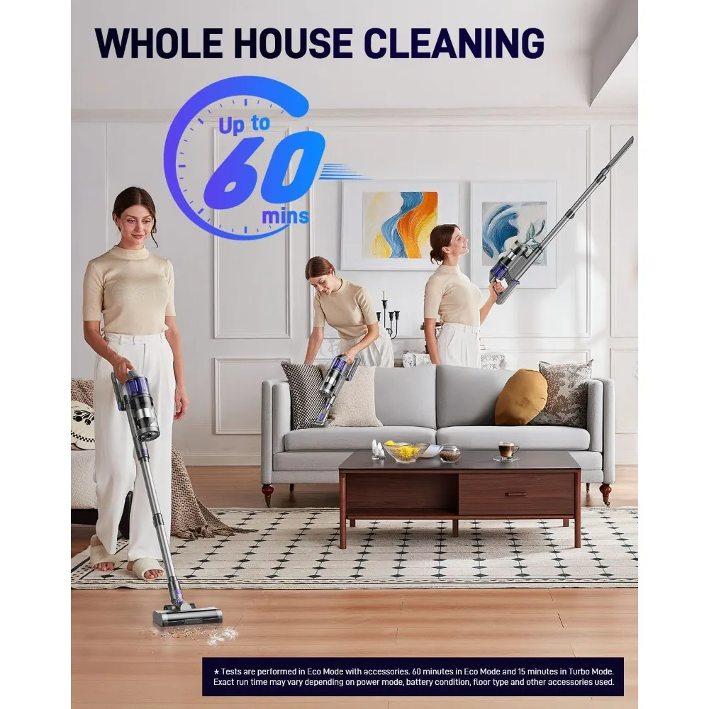 مكنسة كهربائية لاسلكية، مكانس كهربائية للمنزل، 45KPA 550W عصا محمولة محمولة 60 دقيقة وقت التشغيل بطارية قابلة للشحن للحيوانات الأليفة