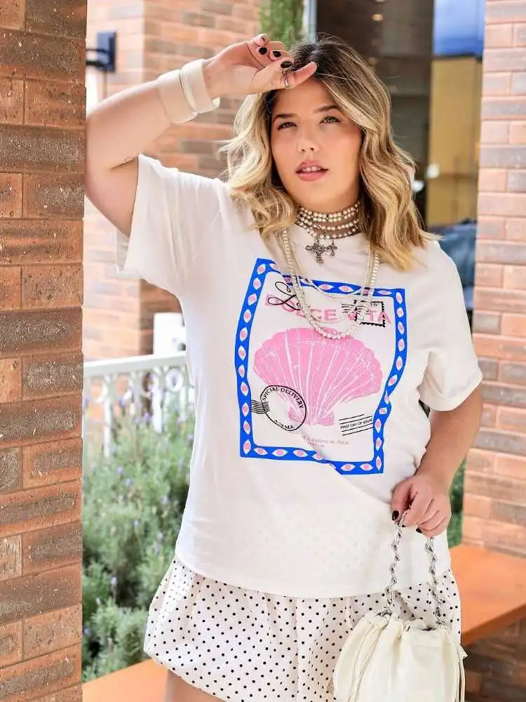 Retro American Summer Ocean Style  Print Spicy Girl Loose Pure Cotton Short Sleeve T-Shirt Women's Trendy round Neck Top