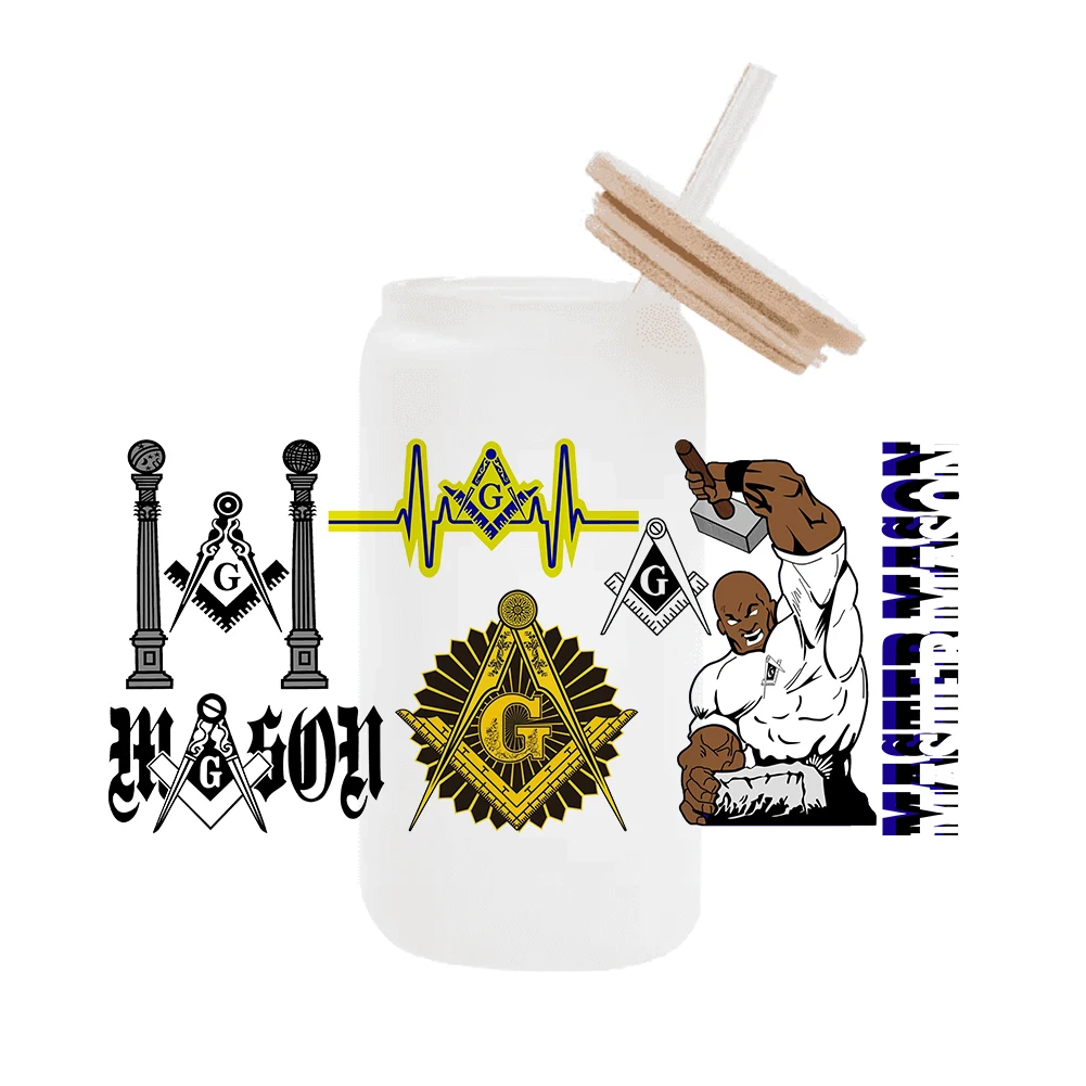 Mason Masonic Fraternity Pattern UV DTF Transfer Sticker Waterproof Transfers Decals For 16oz Glass Cup Wrap Stickers