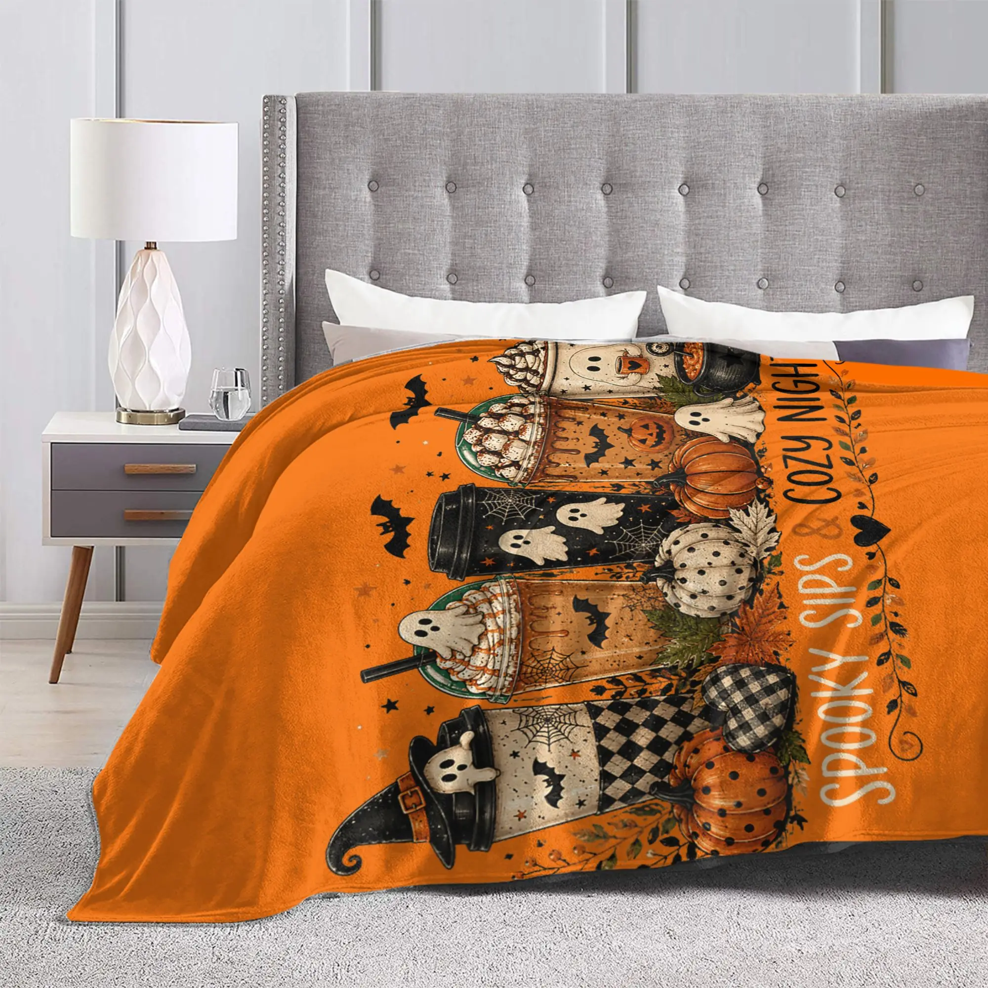 Halloween Coffee Ghost Spooky Fall Fuzzy Blankets  Awesome Throw Blankets for Home 125*100cm Bedspread