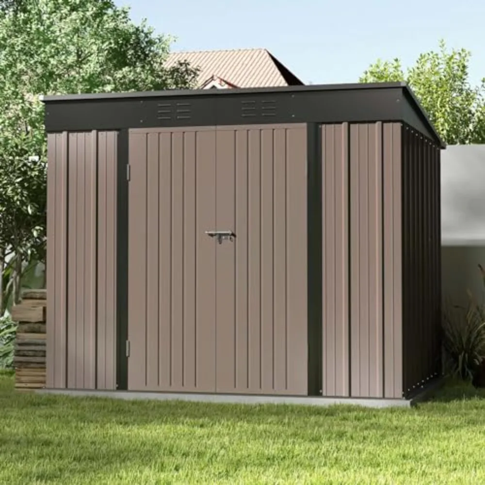 

8' X 6'FT Outdoor Storage Shed, Tool Shed with Sloping Roof and Lockable Door, Metal Shed for Backyard Garden Patio Lawn, Brown