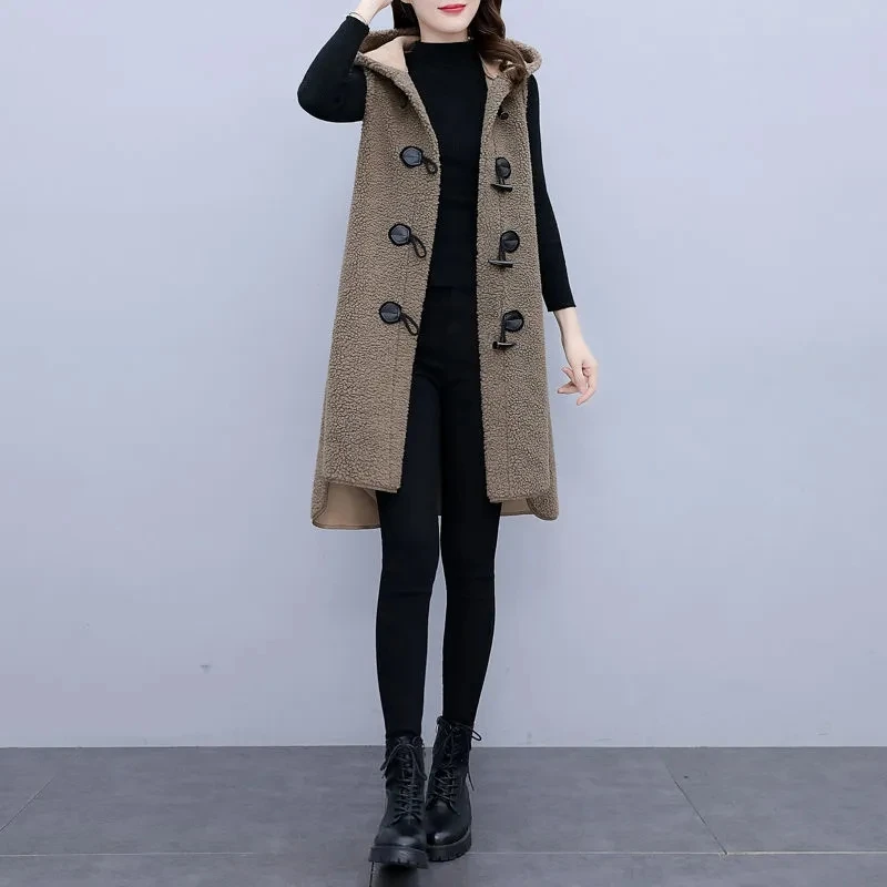 Faux Lamb Velvet Vest Jacket Women Autumn Winter Casual Horn Buckle Hooded Gilet Coat Solid Color Loose Waistcoat Cardigan