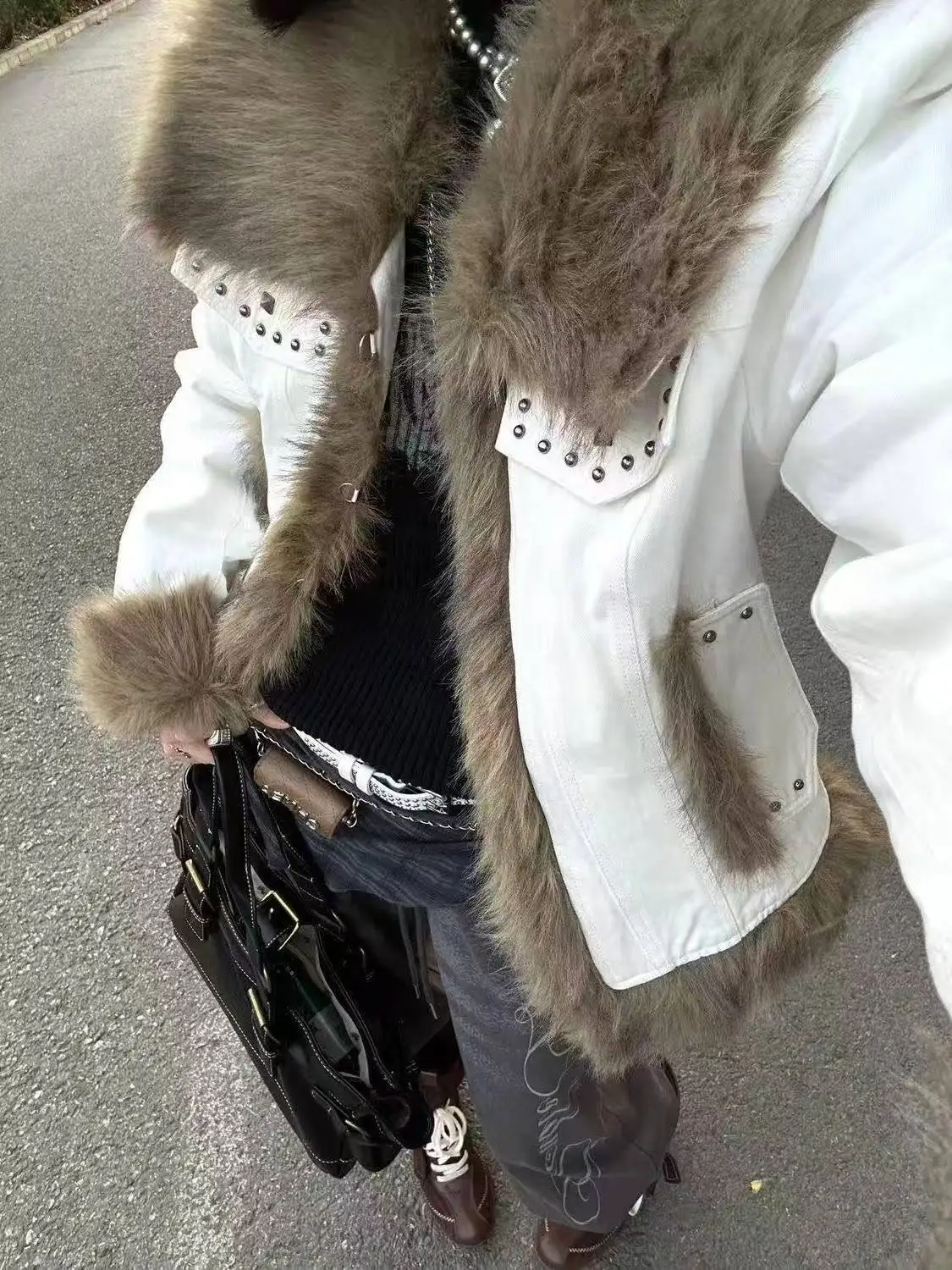 Subculture Gothic Hooded Faux Fur Coat Women Vintage Korean Harajuku Loose Black Oversized Jacket Female Daily Streetwear