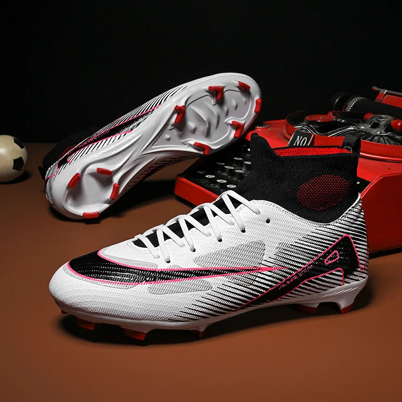 

Brand Fashion White Soccer Boots Men Women Long Spikes Professional Football Cleats Men Breathable Socks Shoes Futsal Trainers