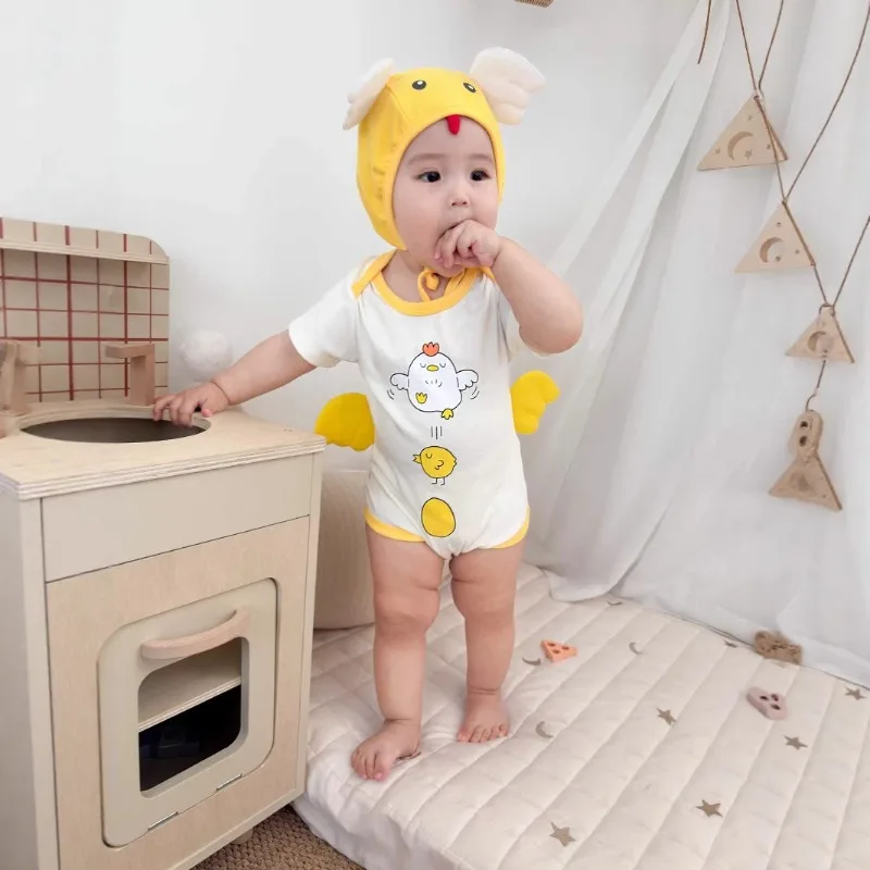 

Korean Summer Baby Bodysuits Cute Short Sleeve Romper Set 2PCS Cute Chick Design Onesie Breathable Cotton Bodysuit Infant Outfit
