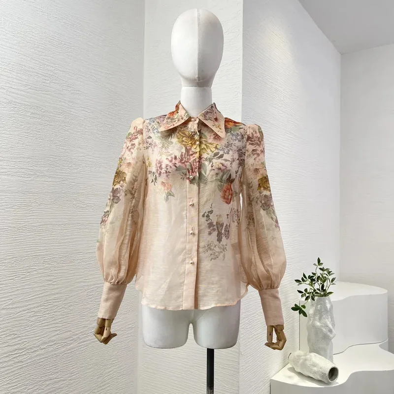

Бежевая блузка с длинными рукавами и цветочным принтом, комплект из топа и юбки 2025 года, высокое качество