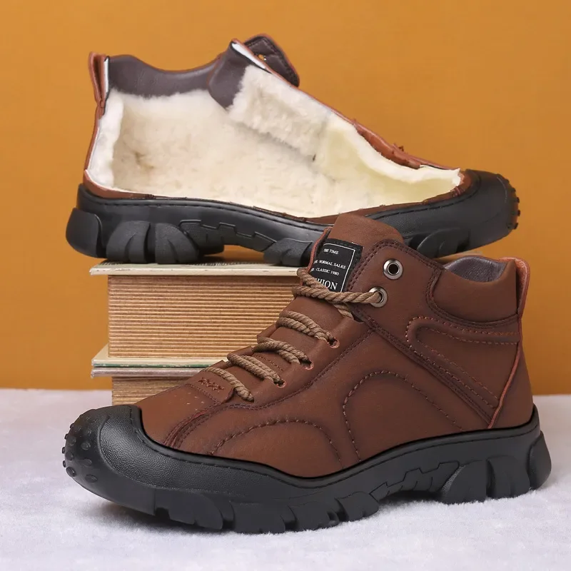 Men Outdoor Boots 2023 New Genuine Leather Lace Up Plush Ankle Boot Warm and Comfortable Winter Solid Color Walking Cotton Shoes