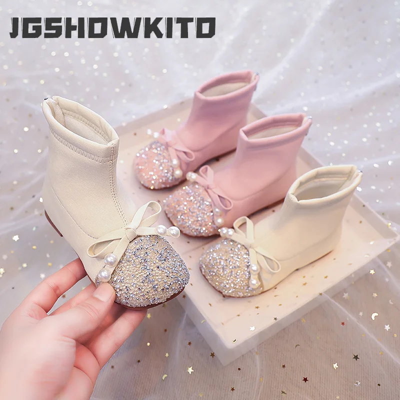 JGSHOWKITO Girls Princess Ankle Boots Luxury Rhinestone Children's Leather Shoes for Wedding Party Non-slip Kids Fashion Boots