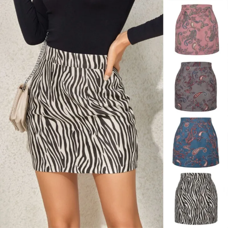 

2021 Women's Suede Printed Skirt European American Autumn Winter Fashion Cashew Flower Zipper A-shaped Skirt Girl Zebra stripes