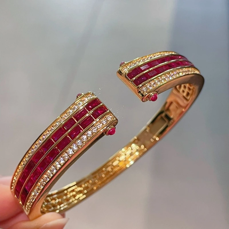 

BELLUX Hot Sale S925 Silver Gold Plated Artificial Ruby Fine Bracelet Women's Luxury Jewelry Open Full Diamond Bangle