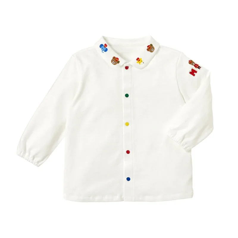 Japanese Style Kids Plaid Bear Shirt Colorful Letter Print Boys Long Sleeve Blouse  Girl Inner Wear Shirts Girls Blouses